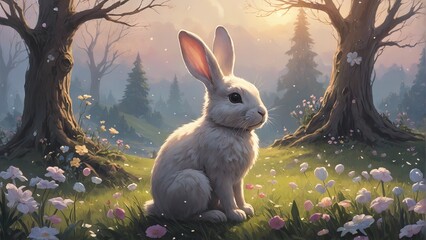 cartoon bunny sits in the forest among Easter eggs. Concept: Spring Festival, religious traditional celebration