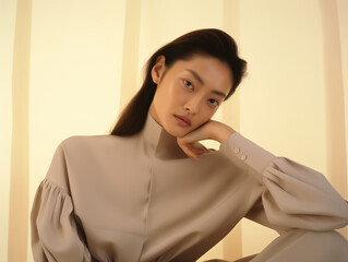 portrait of a beautiful young woman wears white blouse, Against a plain, light beige backdrop that fades into the back. fashion lifestyle photography. editorial portrait suffused with earthy tones.