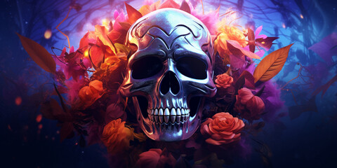 A New Skull Wallpaper Infused with Vray Tracing and Digital Neon Artistry, A colorful skull with roses on it is surrounded by flowers, GENERATIVE AI

