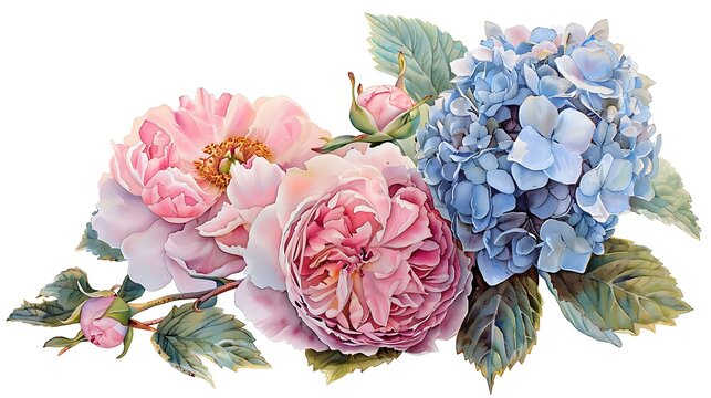 Watercolor flowers bouquet. Pink peony, rose, hydrangea. Floral arrangement for card, invitation, decoration. Illustration isolated on white background. Generative Ai