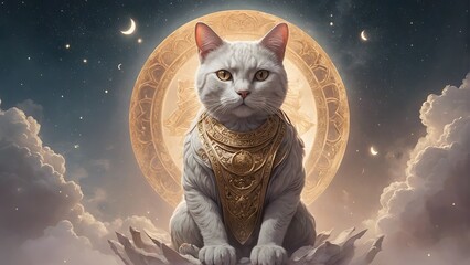 Buddhist cat, animal worship, funny illustration of a cat with folded paws. Concept: Religious sketch, meditative kitten, inspiration and spiritual growth. neutral background - obrazy, fototapety, plakaty