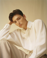 portrait of a beautiful young man wears white blouse, Against a plain, light beige backdrop that fades into the back. fashion lifestyle photography. editorial portrait suffused with earthy tones.