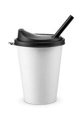 Disposable cup with black plastic lid and straw. Container for hot drinks to go isolated....