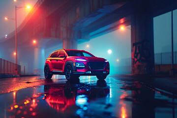 a red car on a wet road