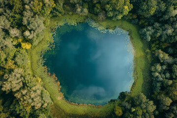 A birds eye view of a lake encircled by a dense forest of trees