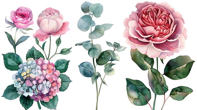 Watercolor flowers clipart set. Pink peony, rose flower, hydrangea and eucalyptus leaves. Floral arrangement for card, invitation, decoration. Illustration isolated on white background. Generative Ai