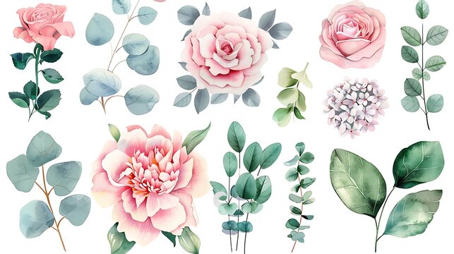 Watercolor flowers clipart set. Pink peony, rose flower, hydrangea and eucalyptus leaves. Floral arrangement for card, invitation, decoration. Illustration isolated on white background. Generative Ai