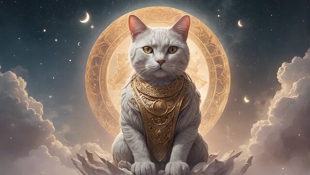 Buddhist cat, animal worship, funny illustration of a cat with folded paws. Concept: Religious sketch, meditative kitten, inspiration and spiritual growth. neutral background
