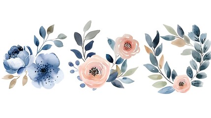 Watercolour floral illustration set. blush pink blue flower, green leaves individual elements collection - for bouquets, wreaths, wedding invitations, anniversary, birthday, postcards. Generative Ai