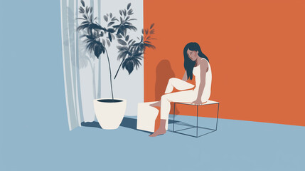 A woman sits on a chair in front of a plant