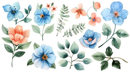 Watercolour floral illustration set. blush pink blue flower, green leaves individual elements collection - for bouquets, wreaths, wedding invitations, anniversary, birthday, postcards. Generative Ai - obrazy, fototapety, plakaty