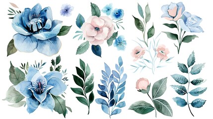 Watercolour floral illustration set. blush pink blue flower, green leaves individual elements collection - for bouquets, wreaths, wedding invitations, anniversary, birthday, postcards. Generative Ai