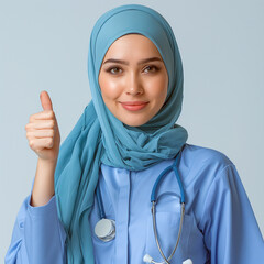 Portrait of muslim doctor in white coat standing with her  thumbs up at hospital looking at camera