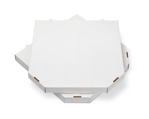 Two plain blank paper cardboard pizza boxes isolated. Food to go package. Top view. Transparent PNG image.