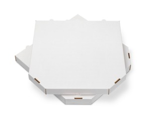 Two plain blank paper cardboard pizza boxes isolated. Food to go package. Top view. Transparent PNG image.