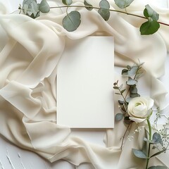 Wedding invitation or greeting card mockup with roes and eucalyptus flowers, copy space. Generative Ai