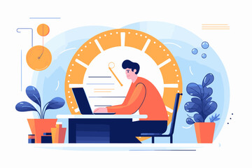 Tiny people and huge hourglass, alarm clock. Team working together with laptops. Time management and business planning. Time is money. Deadline. Young employees work near the dial of a large watch.
