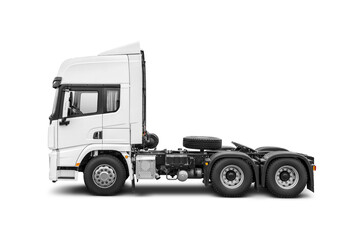White Semi-trailer truck cab without trailer isolated. Vehicle without any cargo, awaiting attachment to a trailer for transport duties. Transparent PNG image.