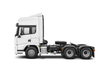 White Semi-trailer truck cab without trailer isolated. Vehicle without any cargo, awaiting attachment to a trailer for transport duties. Transparent PNG image.