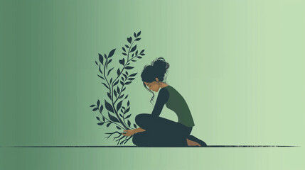 A woman sits on the floor with a plant in her lap