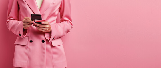 A woman in a stylish pink jacket uses credit card and smartphone, highlighting modern payment methods and fashion. Modern payment technologies, hands-on budgeting
