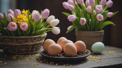 Easter eggs with delicate patterns in a bowl on a background with flowers in a vase.
Concept: holiday products, snacks for Easter and spring events, cooking classes on decorating egg shells