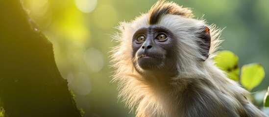 An adult monkey with soft fur and a cute face sits on top of a tree branch in the dense rainforest. The monkey showcases its wild and playful nature as a primate species, with its hair fluttering in - obrazy, fototapety, plakaty