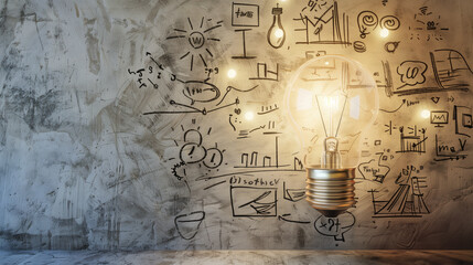 Light bulb by written wall. Idea concept