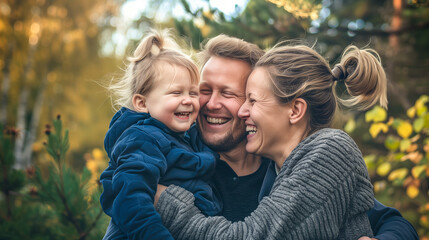 happy couple and child in park. Family concept