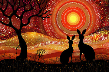 Australian Aboriginal dot painting style art landscape with kangaroos.