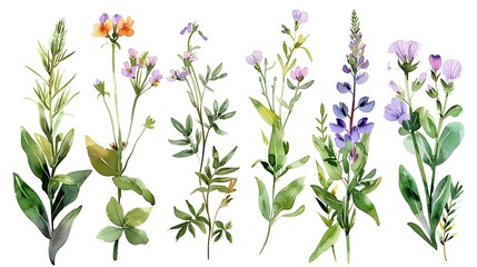 Wild field herbs flowers plants. Watercolor bouquet collection - illustration with green leaves, branches and colorful buds. Wedding stationery, wallpapers, fashion, backgrounds, prints. Generative Ai - obrazy, fototapety, plakaty