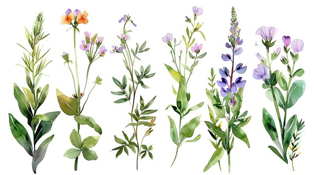 Wild field herbs flowers plants. Watercolor bouquet collection - illustration with green leaves, branches and colorful buds. Wedding stationery, wallpapers, fashion, backgrounds, prints. Generative Ai