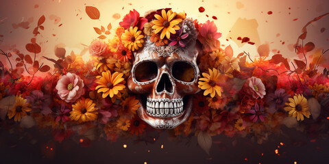 Altar of Day of the dead with Sugar Skull Flowers and Foods Skeleton head Mexican festival banner, Day of the Dead Theme Colorful CartoonStyle Skull Face Paint for Mexican Holiday, GENERATIVE AI

