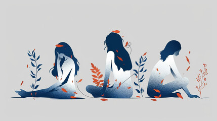 Obraz premium Three women are sitting on the ground, with leaves and flowers surrounding them