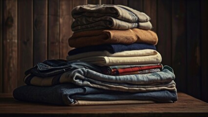 Stack of clothes on a wooden table