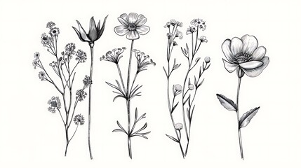 Wild flowers vector collection. herbs, herbaceous flowering plants, blooming flowers, subshrubs isolated on white background. Hand drawn detailed botanical. Generative Ai