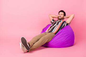Full length size photo of take nap mature man with stubble chill out carefree sleeping purple pouf...