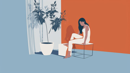A woman sits on a bench in front of a plant