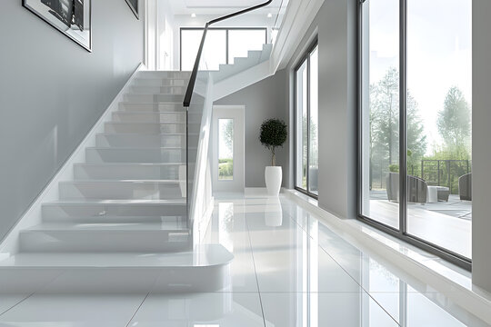 A minimalist staircase with glass railings. Black and white interior design.