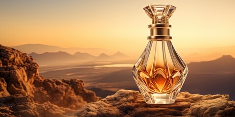 An elegant perfume bottle, its glass facets catching the golden tones of a setting sun, radiating luxury - obrazy, fototapety, plakaty