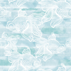 Fishes  on blue watercolor background. Art seamless pattern on a marine theme. Vector.  Perfect for design templates, wallpaper, wrapping, fabric and textile. Unique seamless hand drawn illustration.