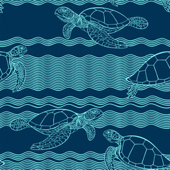Turtles and waves. Stylish monochrome seamless pattern. Vector illustration on a marine theme.  Perfect for design templates, wallpaper, wrapping, fabric and textile. - 751350240