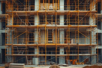 Fototapeta na wymiar Construction site with scaffolding in front of a building under construction, industrial work in progress