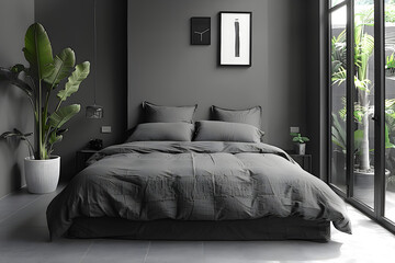 A minimalist bedroom. Monochrome interior design.
