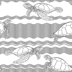 Turtles and waves.  Stylish black and white seamless pattern. Vector illustration on a marine theme.  Perfect for design templates, wallpaper, wrapping, fabric and textile. - 751350286