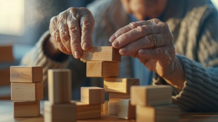 Senior's Playful Strategy, Elderly hands tactfully arranging wooden blocks, symbolizing strategy and mental agility amidst the tranquility of a sunlit room
