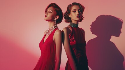 Elegant Twins in Red with Luxurious Jewelry, Twin models in striking red dresses pose with sophistication, showcasing exquisite jewelry. Their mirrored stances and expressions against a rose-hued back