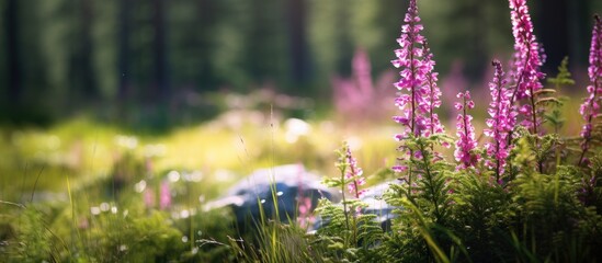 Obraz premium A field of calluna vulgaris, also known as heather, blooms with purple flowers in the heart of a dense forest during the summer. The vibrant flowers contrast against the lush greenery, creating a