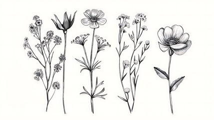 Wild flowers vector collection. herbs, herbaceous flowering plants, blooming flowers, subshrubs isolated on white background. Hand drawn detailed botanical. Generative Ai - obrazy, fototapety, plakaty