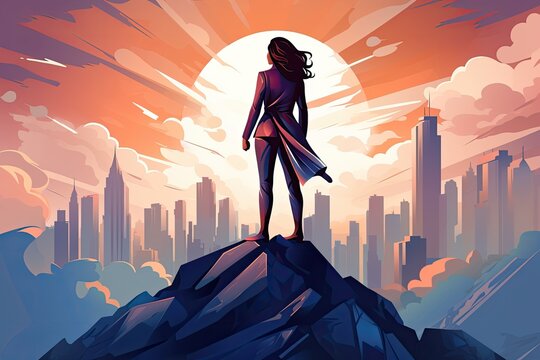 Hero Business Woman With Cape Stand On A Cliff Illustration